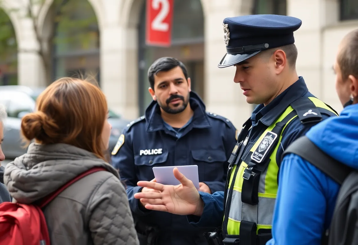 Police officer engaging with community members about crime prevention in Shreveport