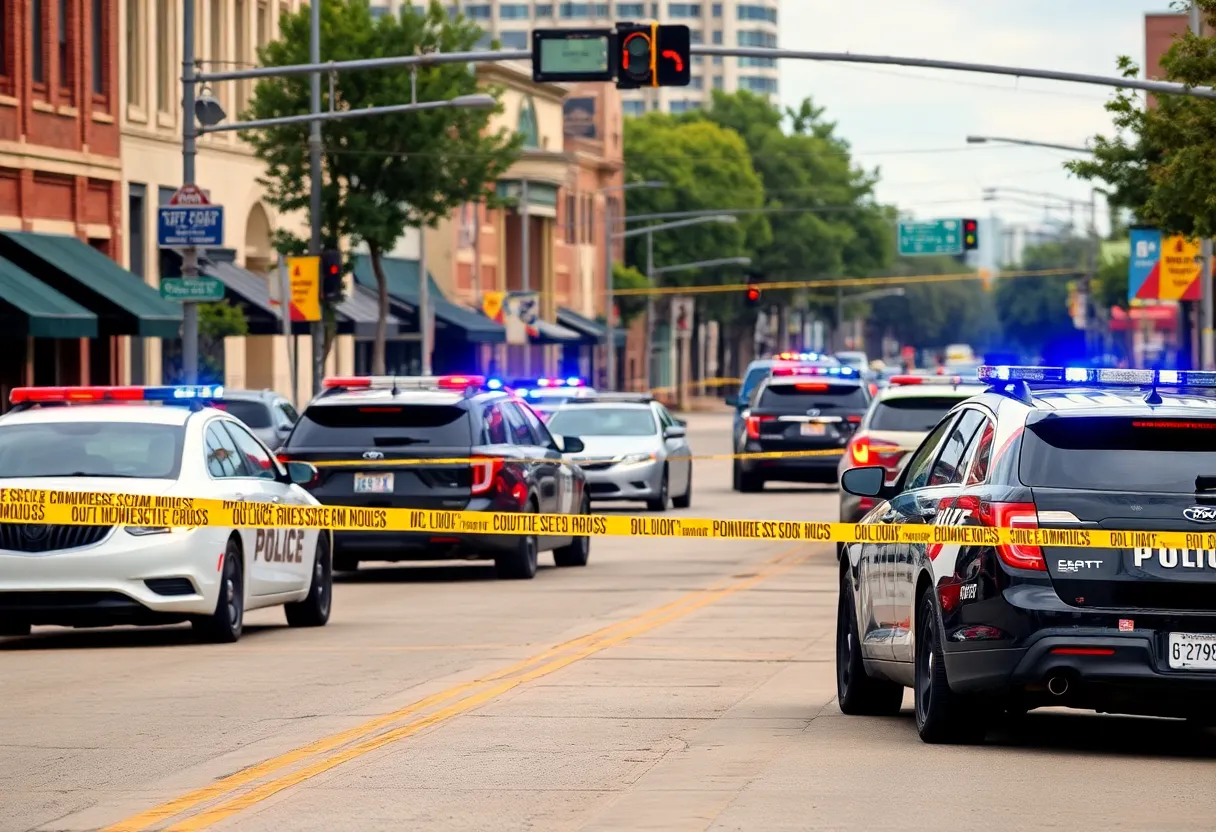Shreveport police officers responding to an emergency situation at night with flashing lights