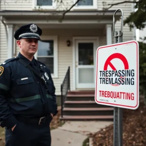 Police officer near a vacant home with a No Trespassing sign in Shreveport