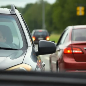 Scene of a road rage incident with vehicles and a tense atmosphere on the road.