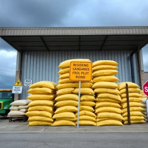 Shreveport public works warehouse with sandbags for flood preparation