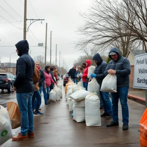Residents loading sandbags into vehicles at Shreveport distribution center