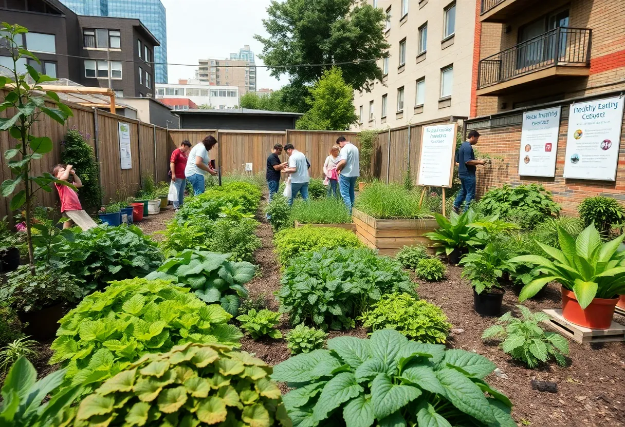 Community members in an urban garden with plants and educational signs