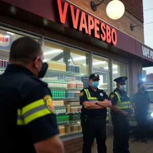 Police officers conducting an investigation at a vape store in Shreveport.