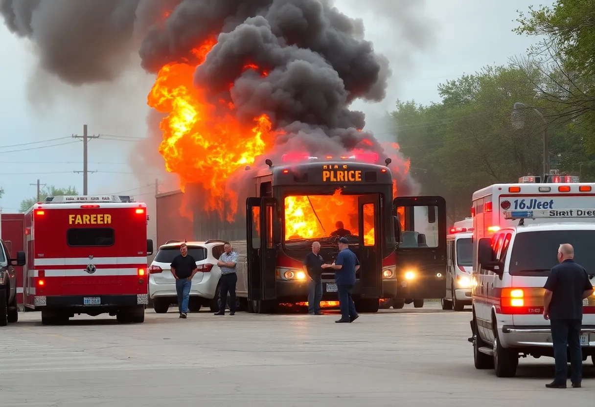 Explosion of a SporTran bus in Shreveport with fire and smoke.