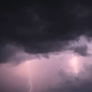 Dark clouds and lightning over Shreveport, Louisiana as storms approach on Memorial Day weekend.