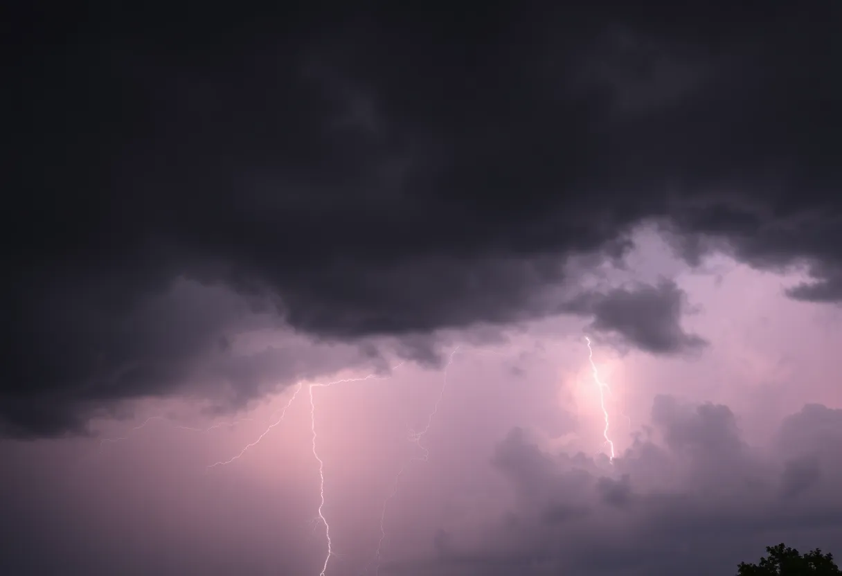 Dark clouds and lightning over Shreveport, Louisiana as storms approach on Memorial Day weekend.