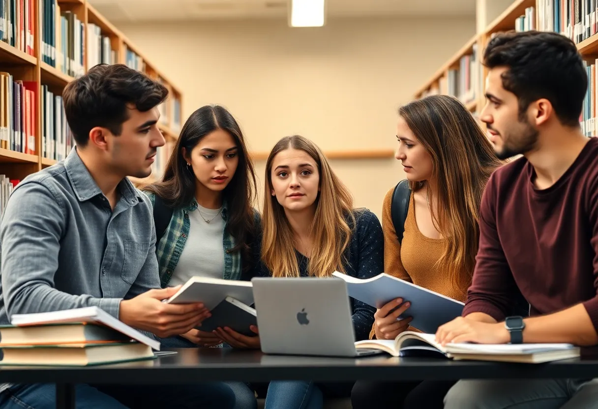 Diverse group of students in a library discussing visa policies