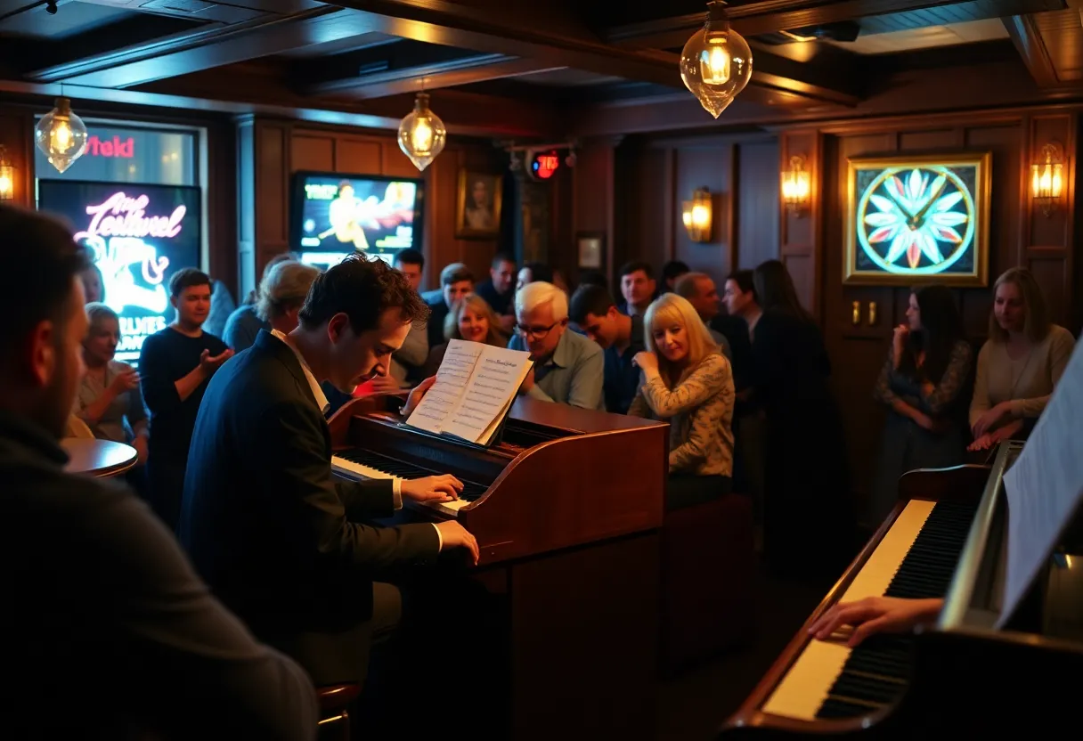 Dueling pianists entertaining a lively crowd at Sweet Caroline's Dueling Piano Bar.