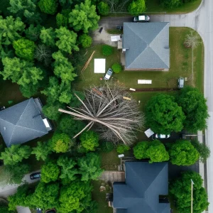 Aerial view showing tornado damage with uprooted trees and roofs in a residential neighborhood.
