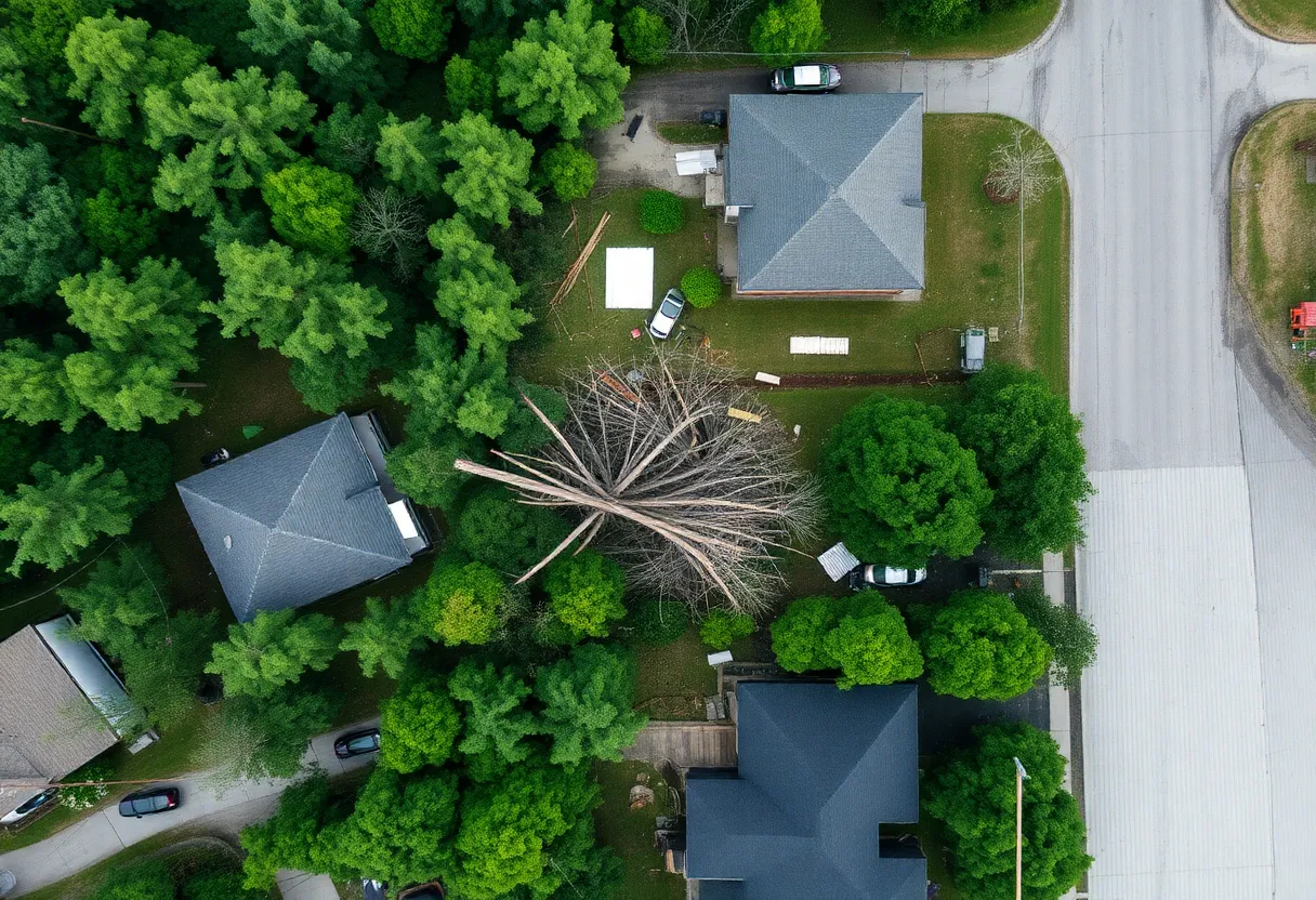 Aerial view showing tornado damage with uprooted trees and roofs in a residential neighborhood.
