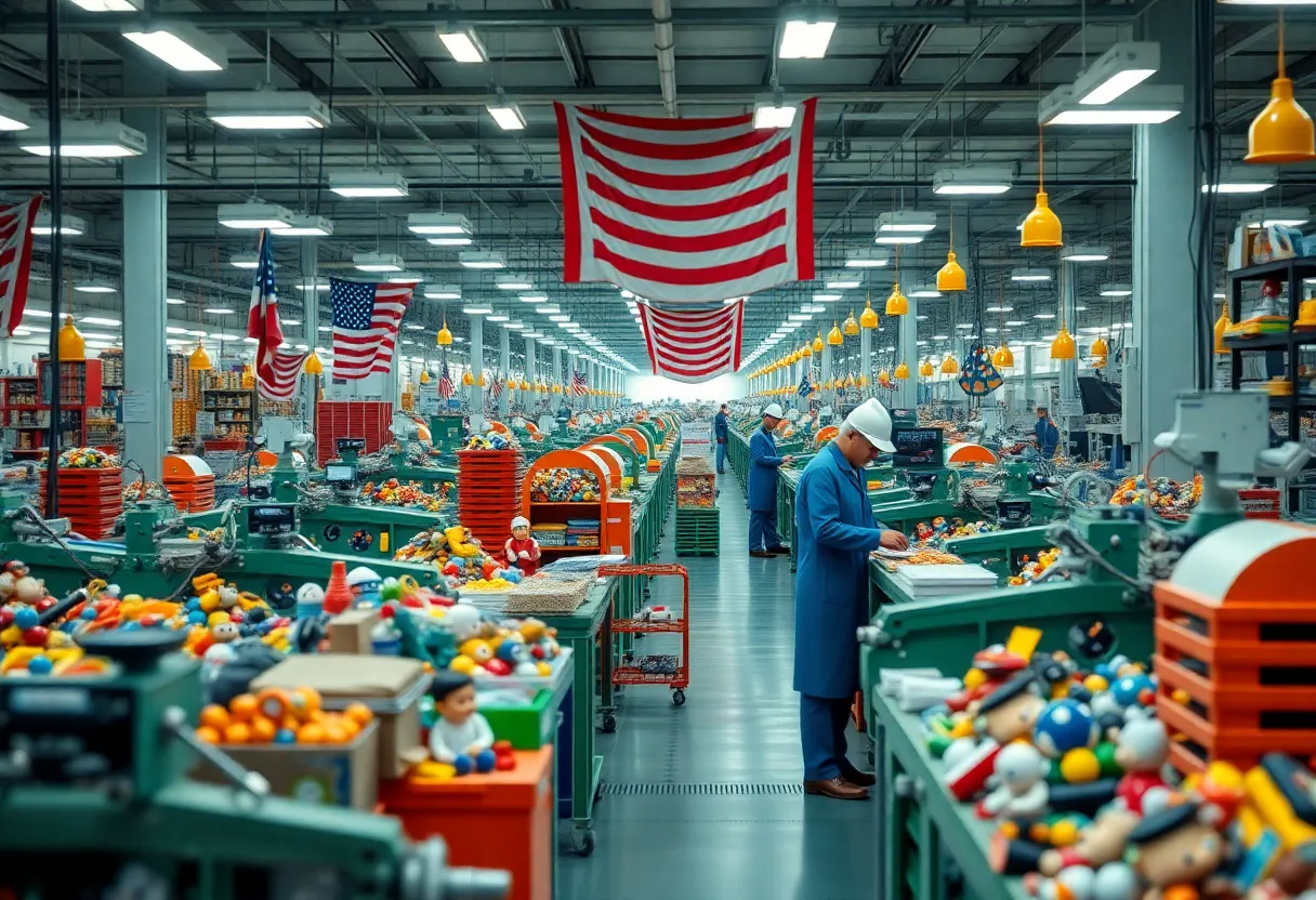 Visualization of a toy factory facing challenges due to trade war.