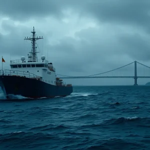 Training ship on turbulent waters near a bridge