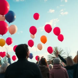 A gathering for a vigil with balloons being released.