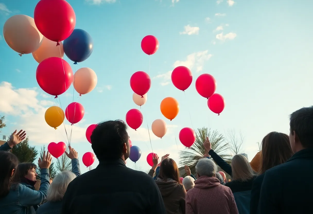 A gathering for a vigil with balloons being released.