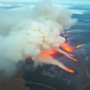 Aerial view of wildfires burning across prairie provinces in Canada.