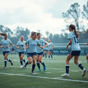 Women's soccer team playing a match on the field.