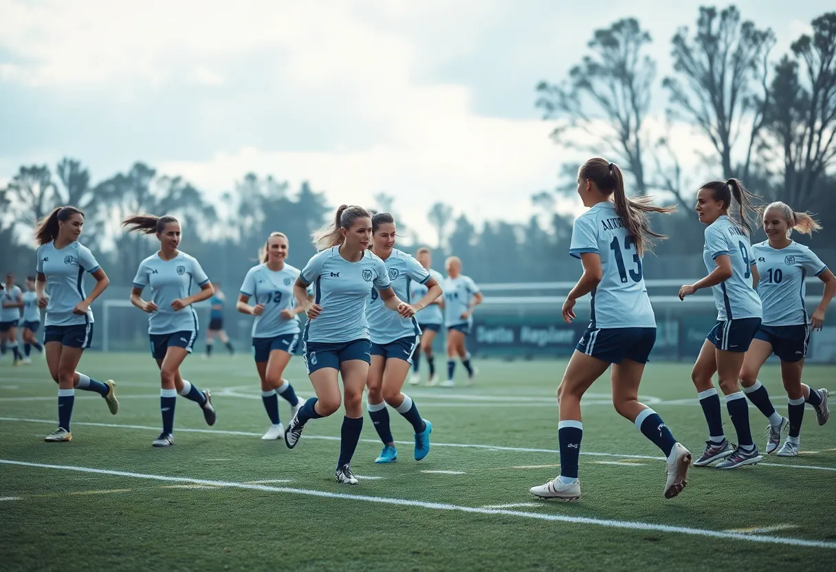Women's soccer team playing a match on the field.