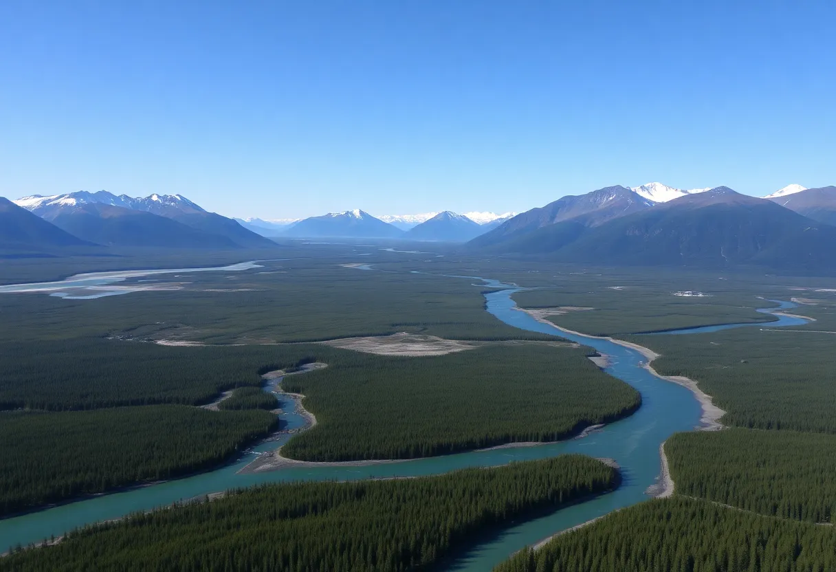A scenic view of Alaska's wilderness with oil drilling activities in the background.