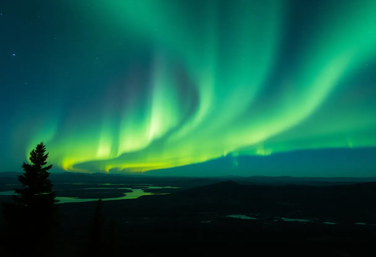 Aurora Borealis shining in the night sky with trees