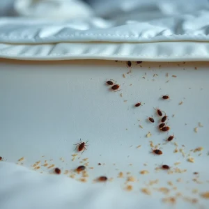 Details of a bed bug infestation showing bugs and debris on a mattress