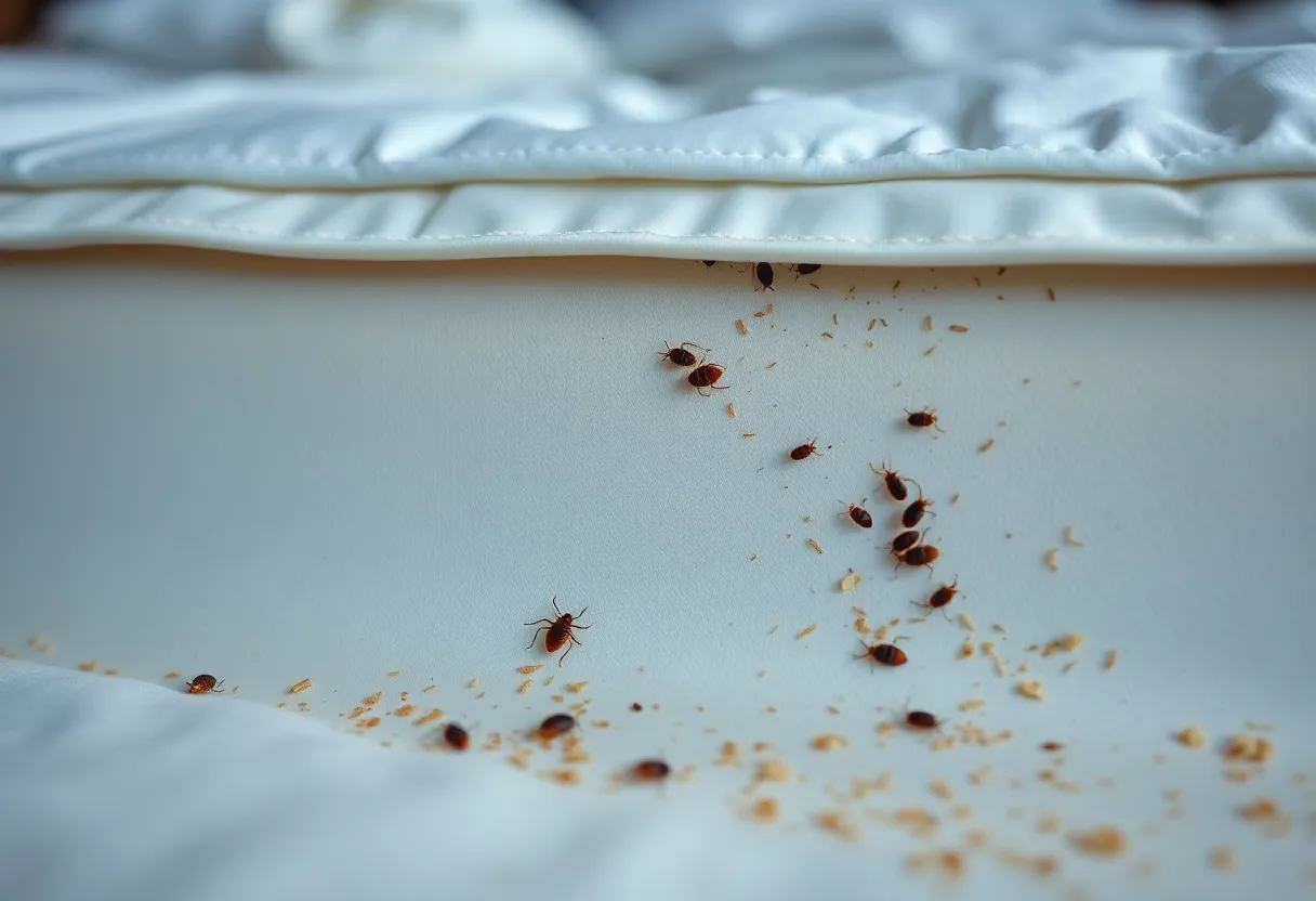 Details of a bed bug infestation showing bugs and debris on a mattress