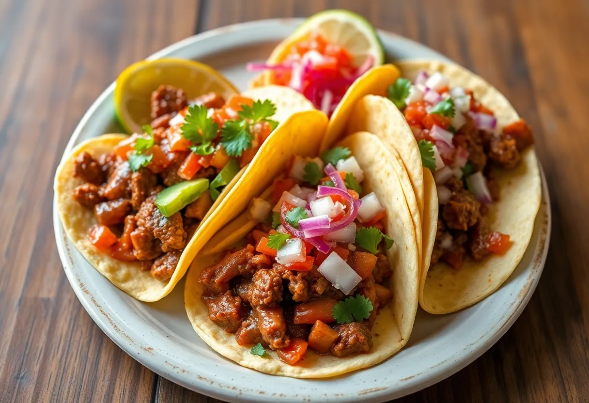 Plate of birria tacos with consomé