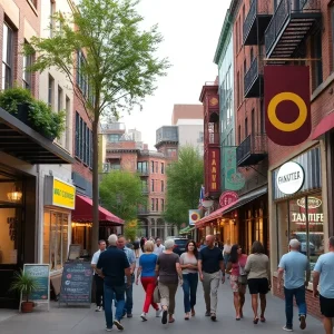 Vibrant scene at Bossier City Boardwalk with shops and people