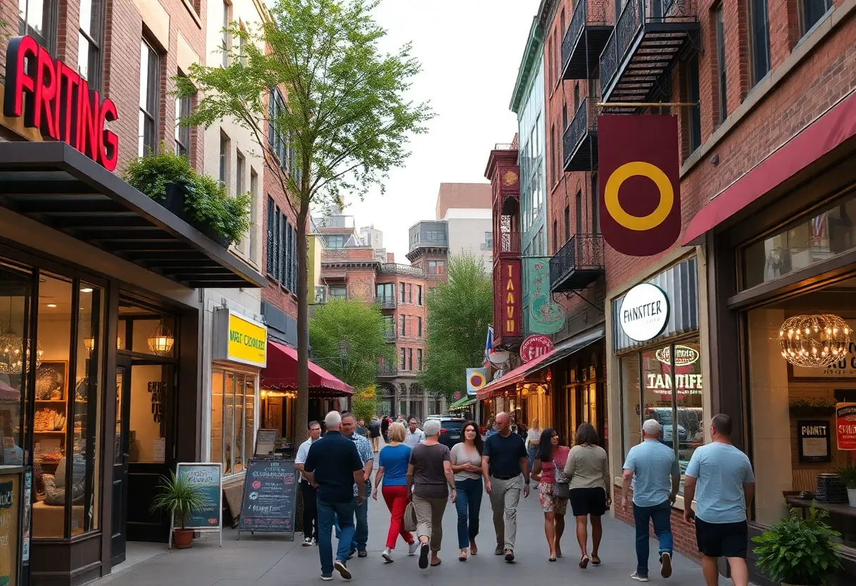 Vibrant scene at Bossier City Boardwalk with shops and people