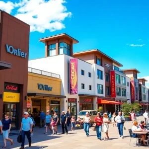 A picturesque view of the Louisiana Boardwalk in Bossier City with shoppers and outdoor dining.