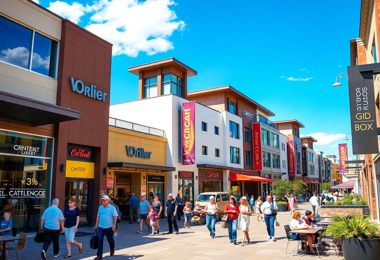 A picturesque view of the Louisiana Boardwalk in Bossier City with shoppers and outdoor dining.