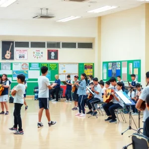 Students participating in sports and music at school