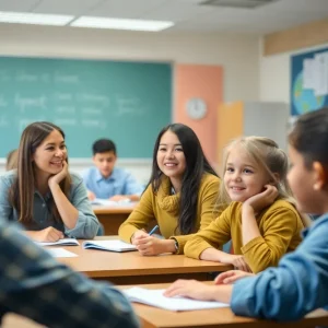 Teachers and students interacting in a classroom