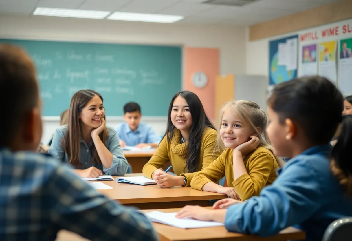 Teachers and students interacting in a classroom