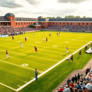 View of Centenary College football game with players and fans