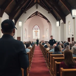 Interior of a church showing security personnel monitoring a service.