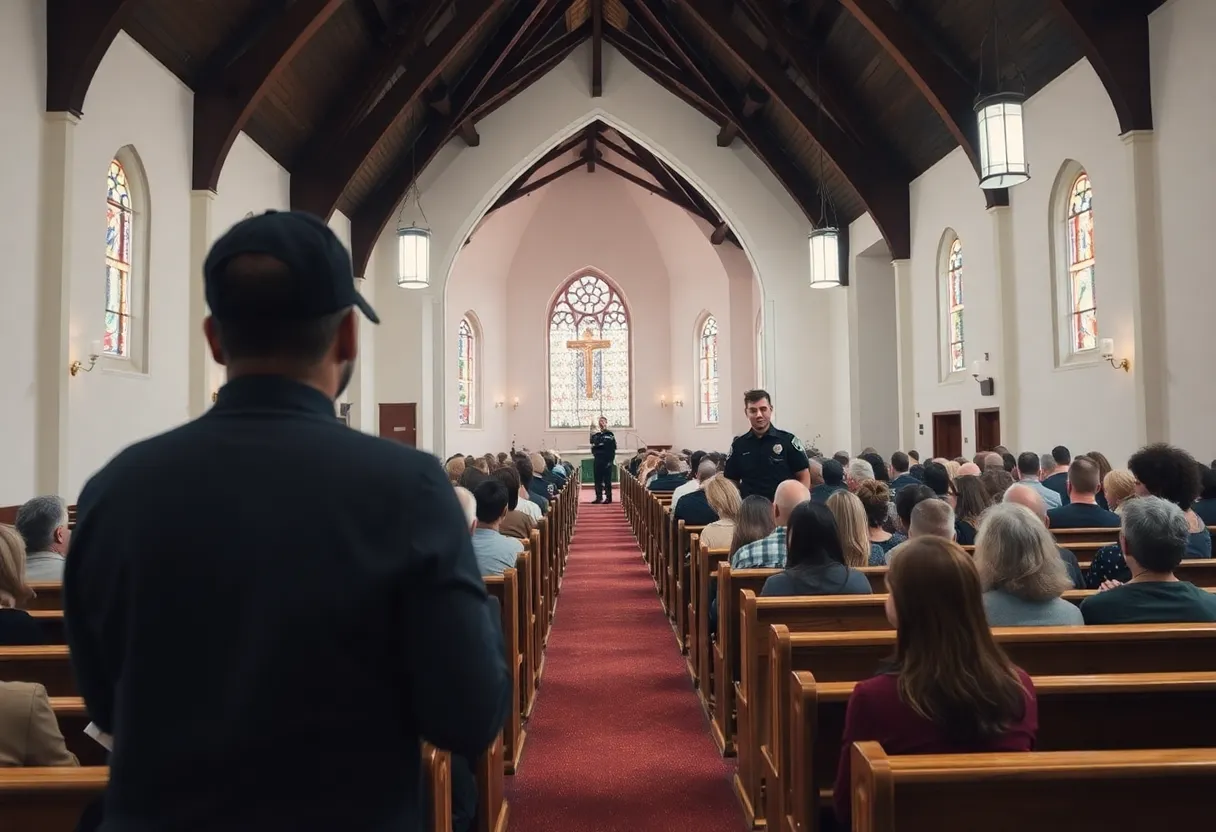 Interior of a church showing security personnel monitoring a service.