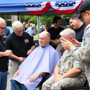 Veterans receiving free haircuts at the Comcast sponsored event