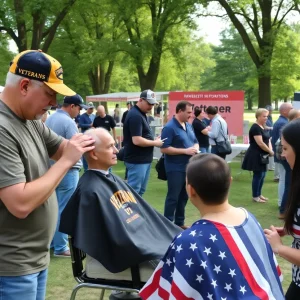 Veterans receiving haircuts at Comcast's Free Haircut Giveaway event.