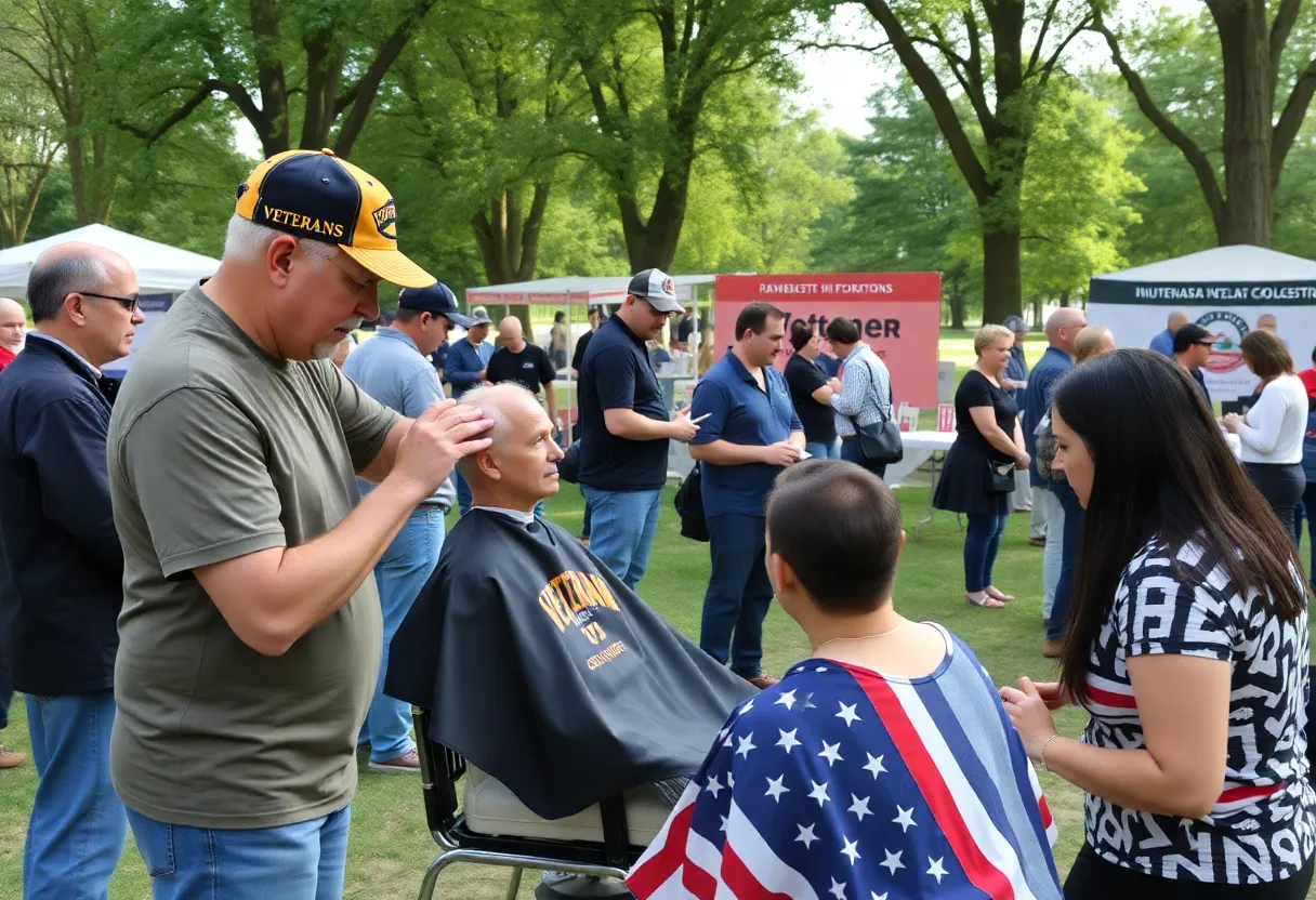 Veterans receiving haircuts at Comcast's Free Haircut Giveaway event.