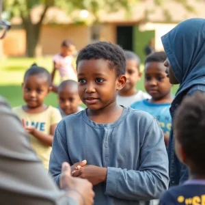 Community advocating for child safety with children playing in the park