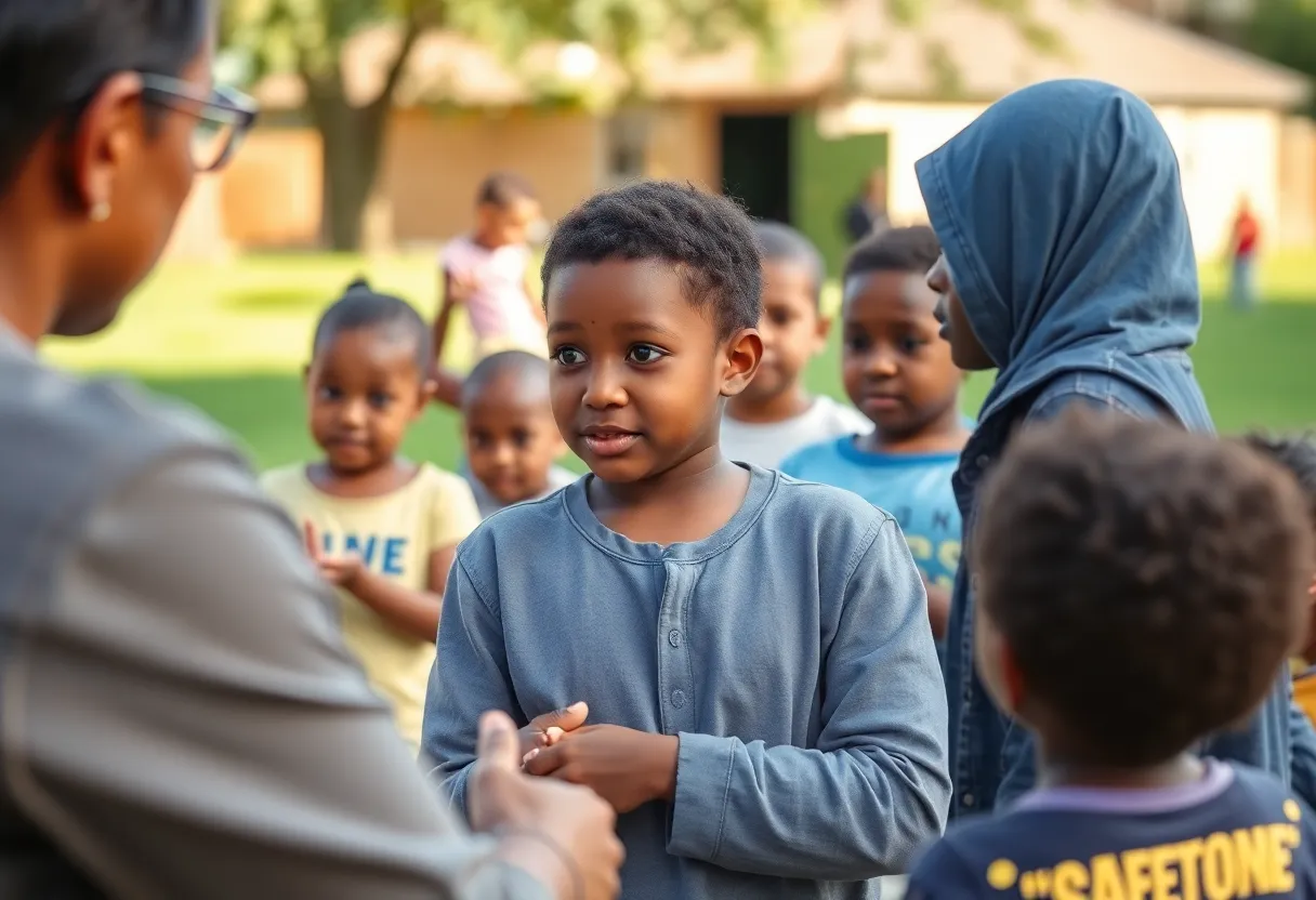 Community advocating for child safety with children playing in the park