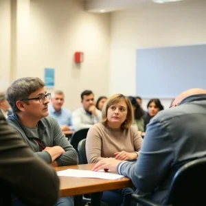 Parents discussing school attendance zone changes at a community meeting