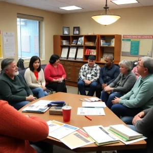 A diverse group of individuals attending a community meeting discussing homelessness solutions.