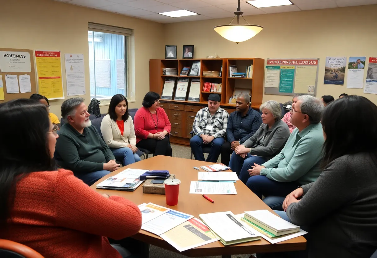 A diverse group of individuals attending a community meeting discussing homelessness solutions.