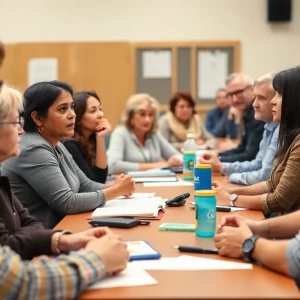Parents and school board members discussing school closure