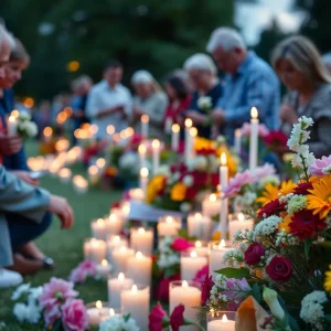 Outdoor memorial service honoring Mike Basham with candles and flowers.
