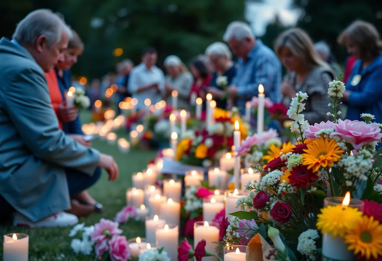 Outdoor memorial service honoring Mike Basham with candles and flowers.