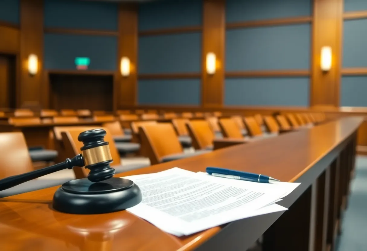 Interior of an empty courtroom with legal symbols