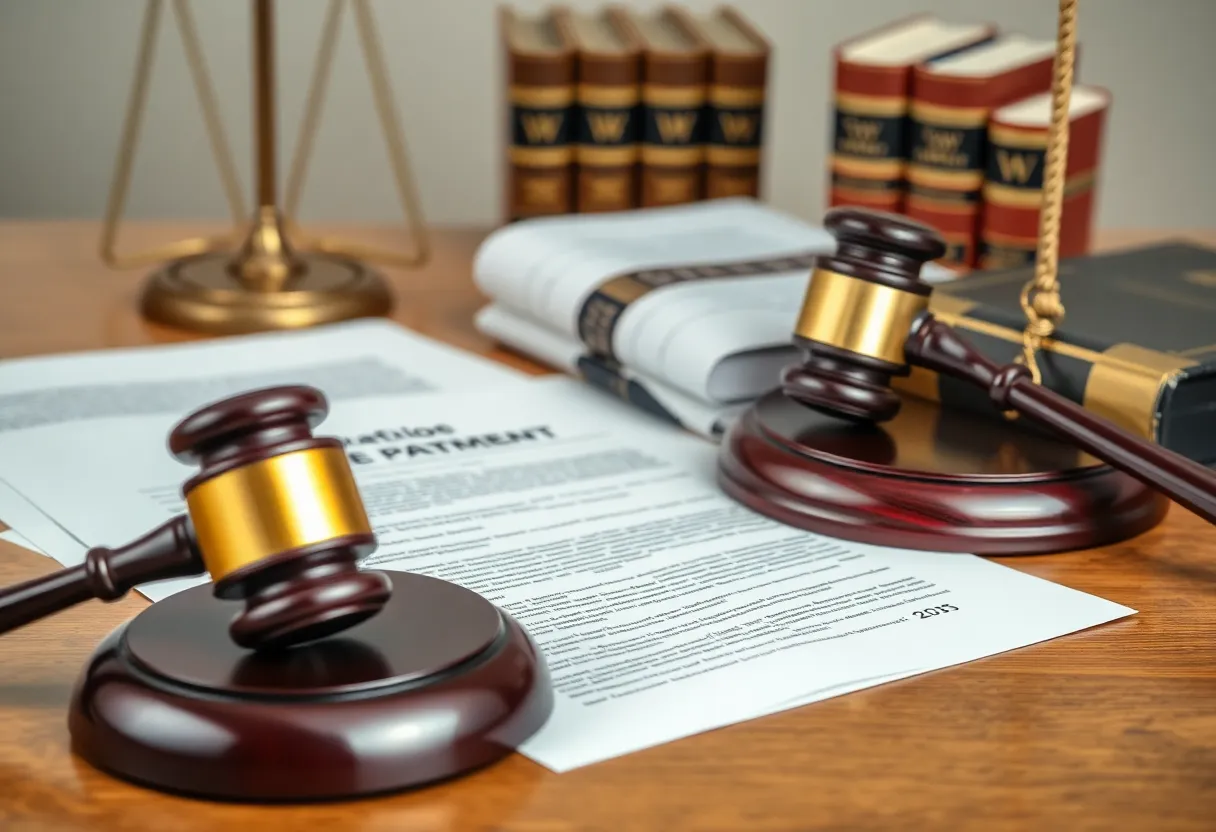 Courtroom with legal documents and a gavel